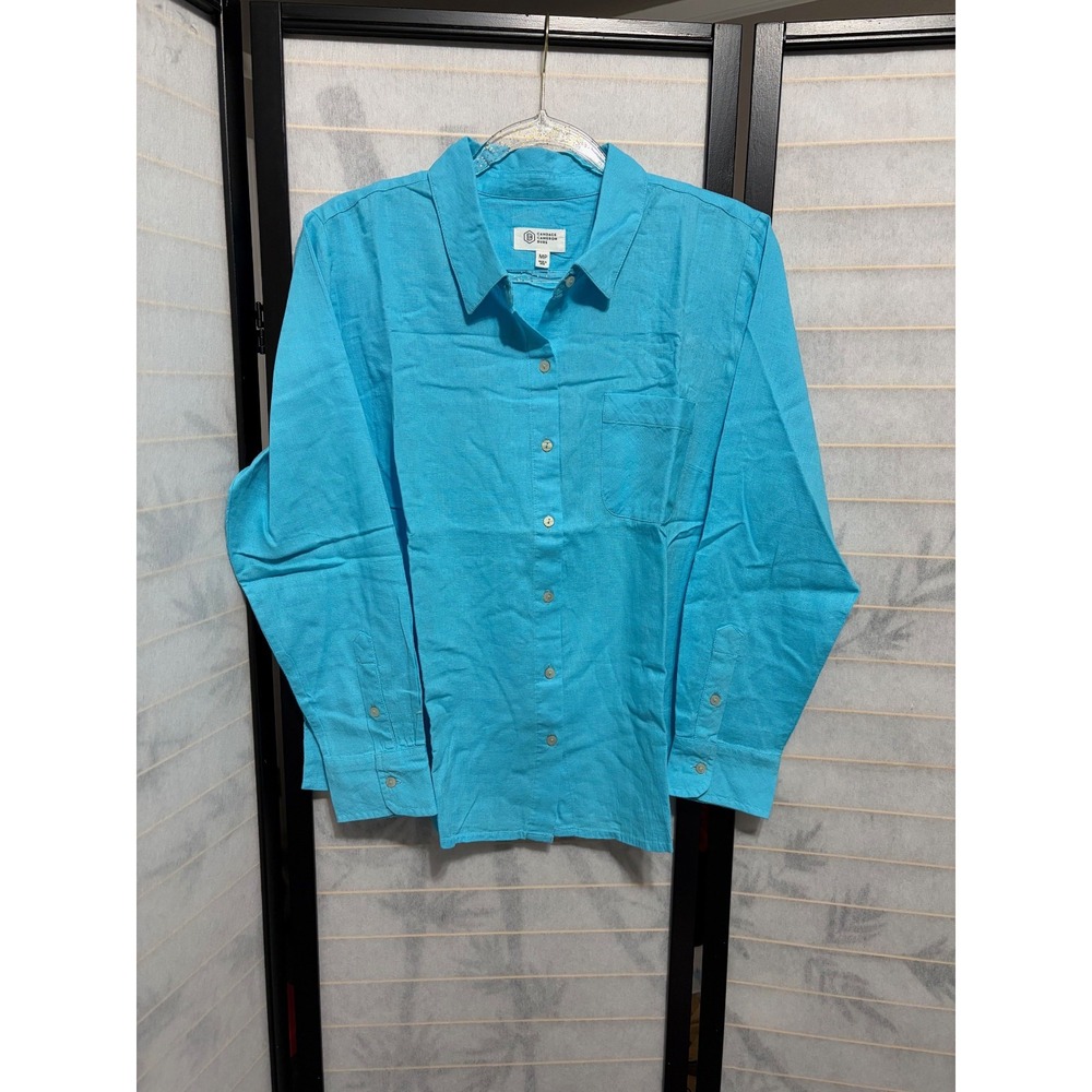 Candace Cameron Bure Linen Shirt Medium Blue Button Down Petite Coastal Boho - Picture 2 of 9